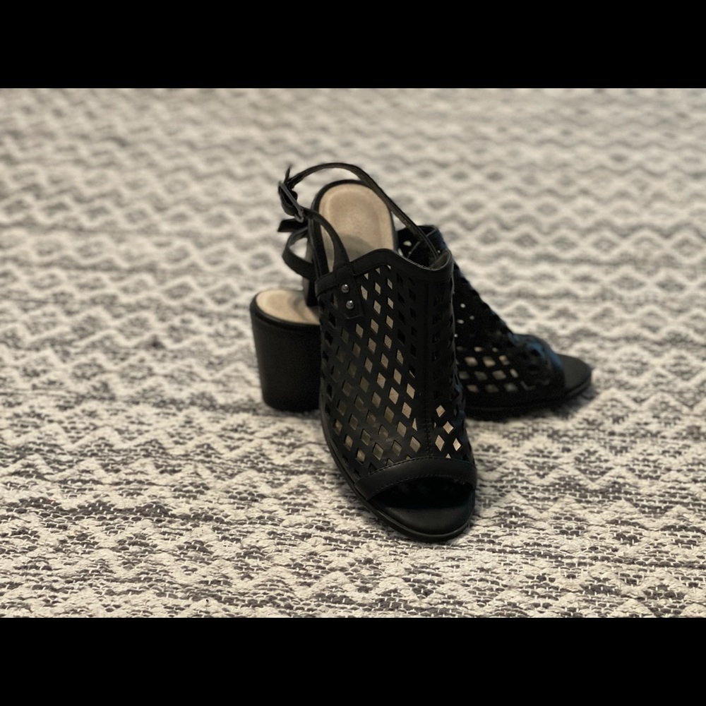 Black, open toe sandal booties